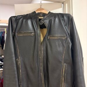 Men's Black Leather Bomber Jacket with Zip Pockets